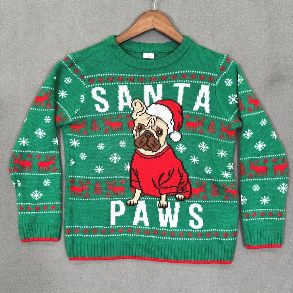 Holiday Time Knit Sweater Women L Green Santa Paws French Bulldog Christmas